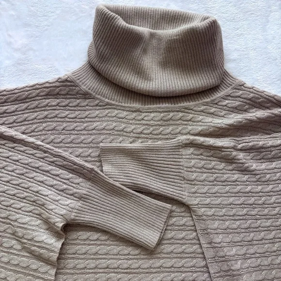 BOSTON PROPER Tan Cable Knit Turtleneck Poncho Sweater--EUC--XS/S - Picture 8 of 14
